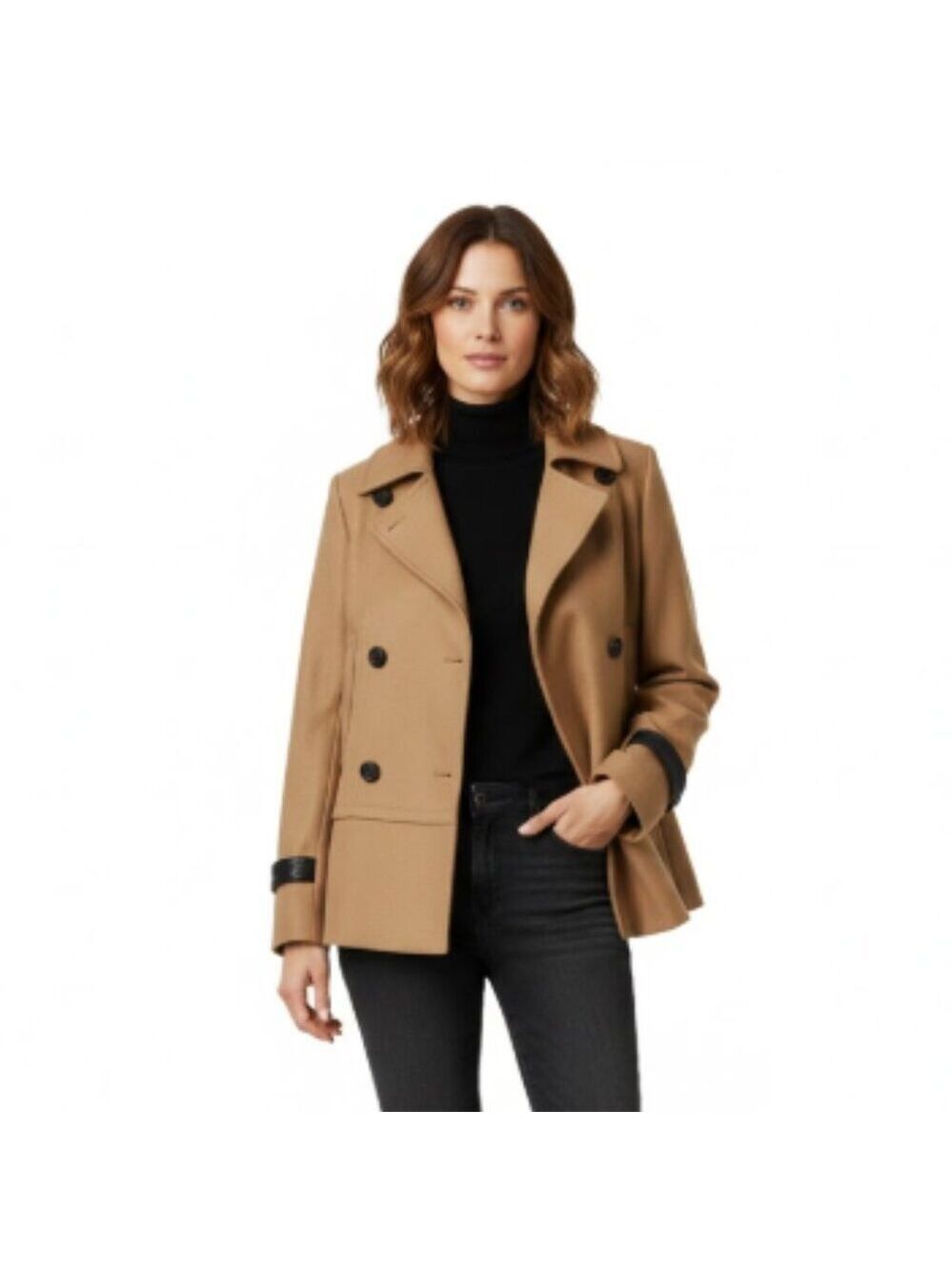 *Club Monaco Franci Tan Wool Pea Coat with Black Trim - Small